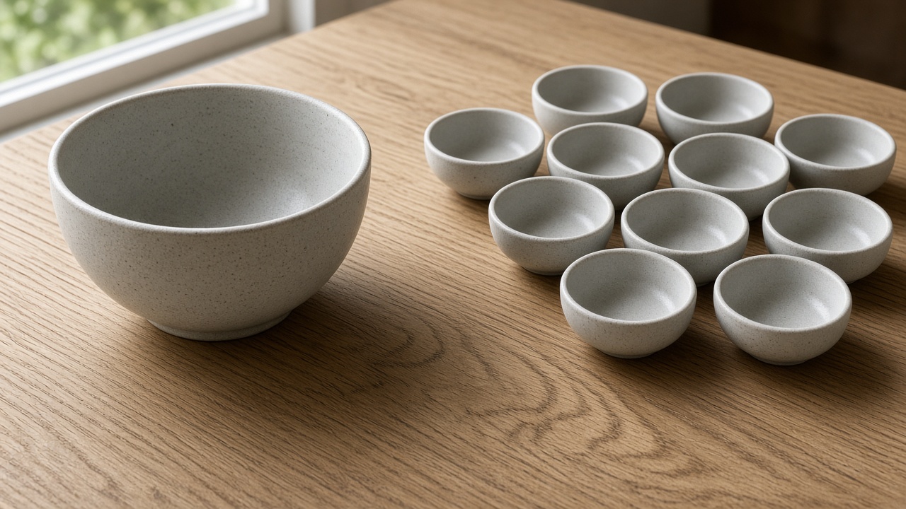 A large empty bowl sits apart from a cluster of smaller matching bowls.