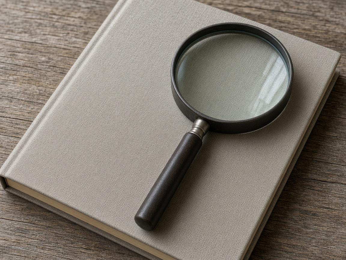 A magnifying glass touches the cover of a closed notebook.