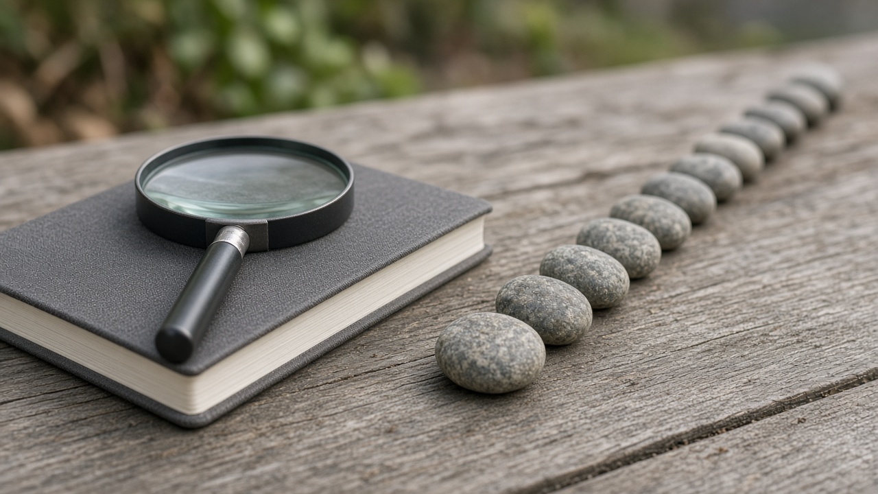 A magnifying glass and a closed notebook sit together while a line of stones runs off to the side.