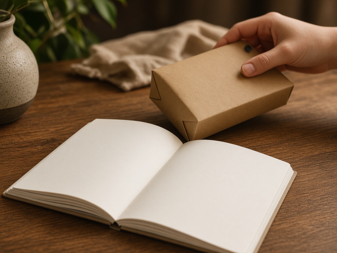A hand setting aside a plain sealed package, with a blank book in front.