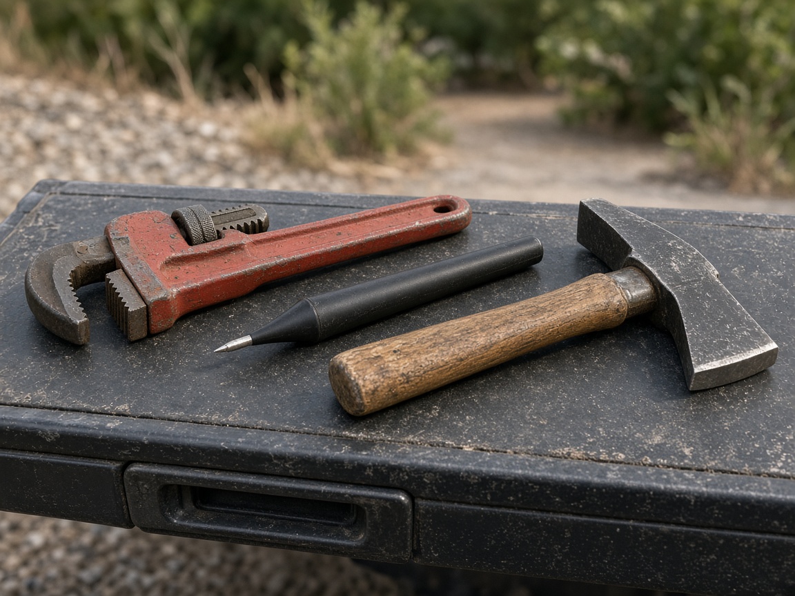 A pipe wrench, a black tester, and a roofing hammer lie on a dark truck tailgate.