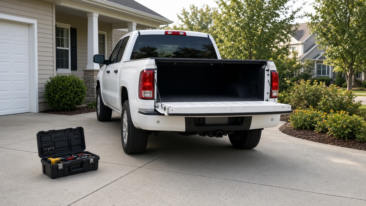 A plain white pickup with its tailgate down is parked in a suburban driveway next to an open toolbox.