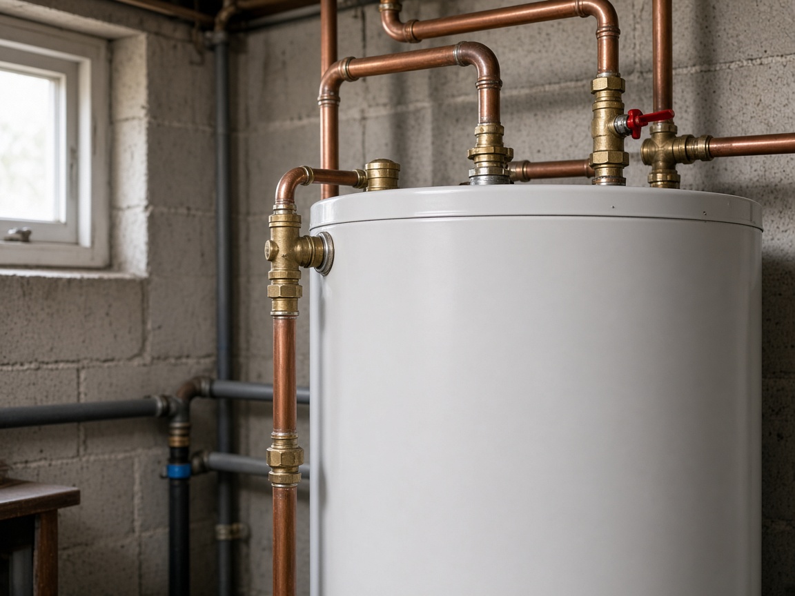 Copper pipes and brass fittings run across the top of a white residential water heater.