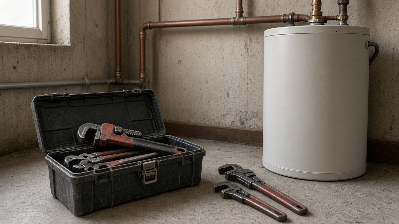 An open toolbox and several pipe wrenches rest beside a plain water heater and copper piping.