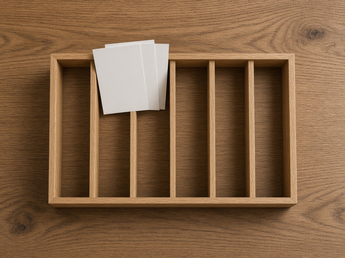 A wooden sorter has empty slots and blank cards standing in only one of them.