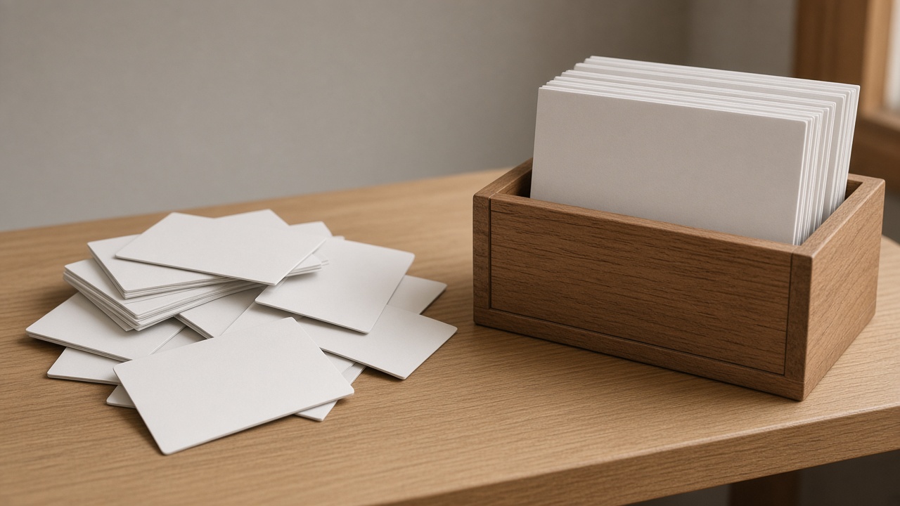 Blank cards are scattered on the left and stood in a wooden sorter on the right.