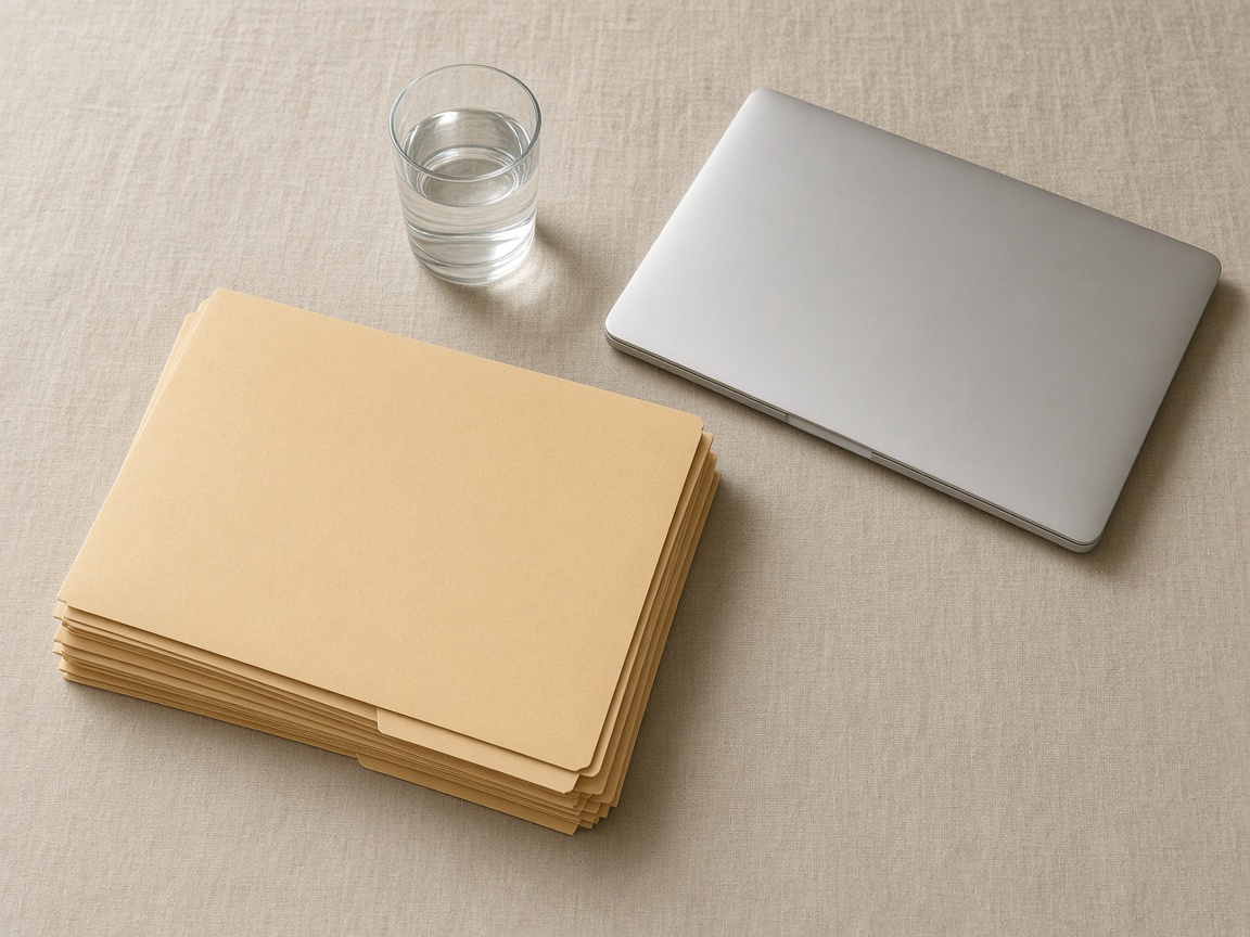 Blank folders and a closed laptop rest on a linen table beside a glass of water.