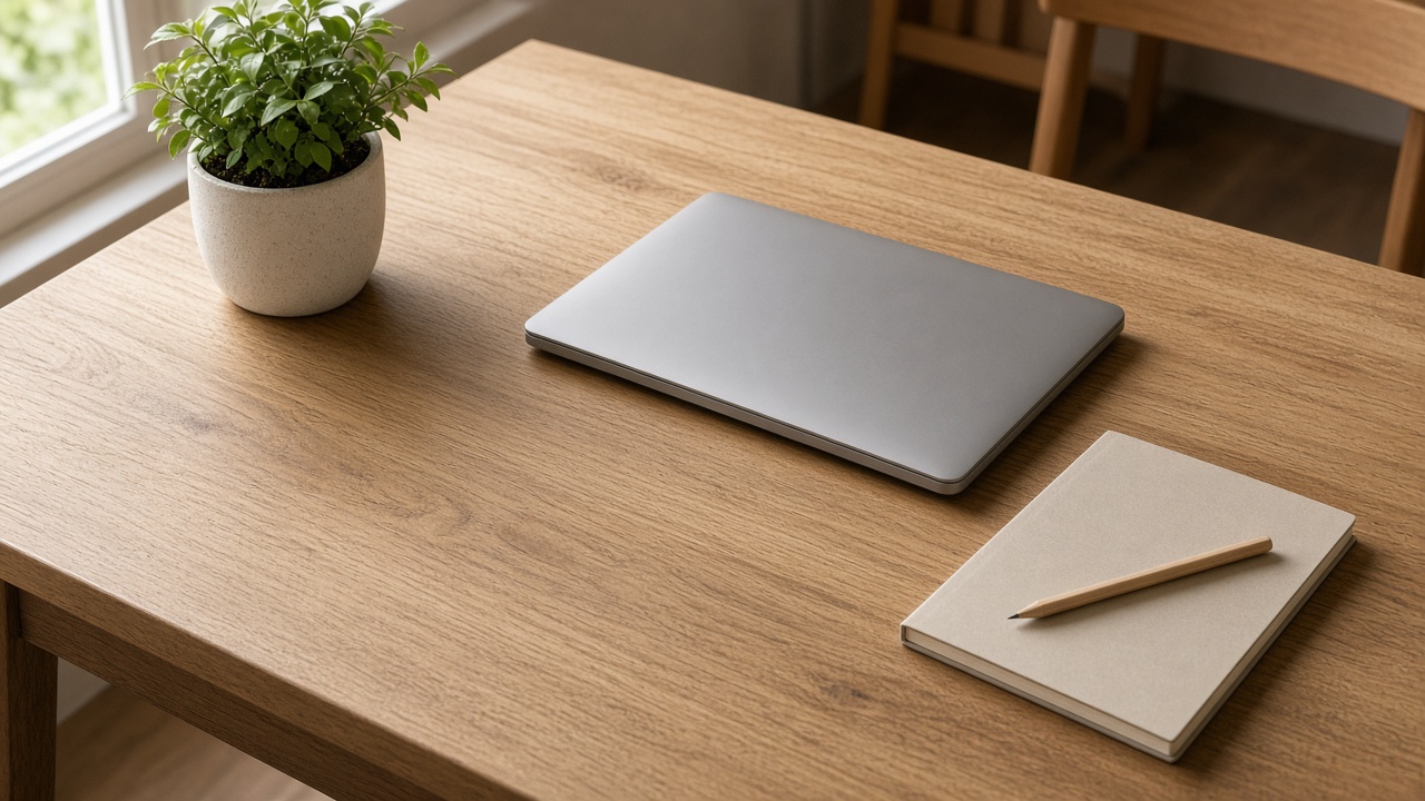A closed laptop and a blank notebook sit on an oak desk with a pencil and a small plant.