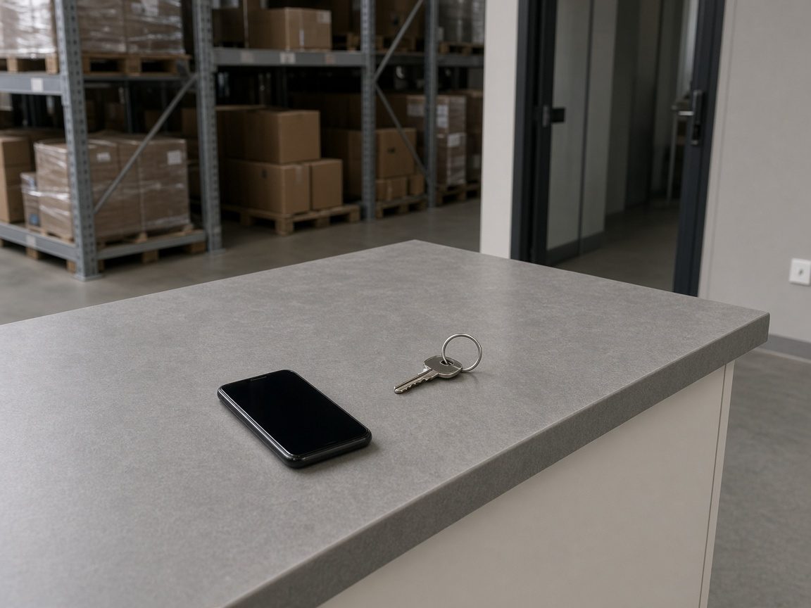 A storage counter with a dark-screen phone and a plain key ring.