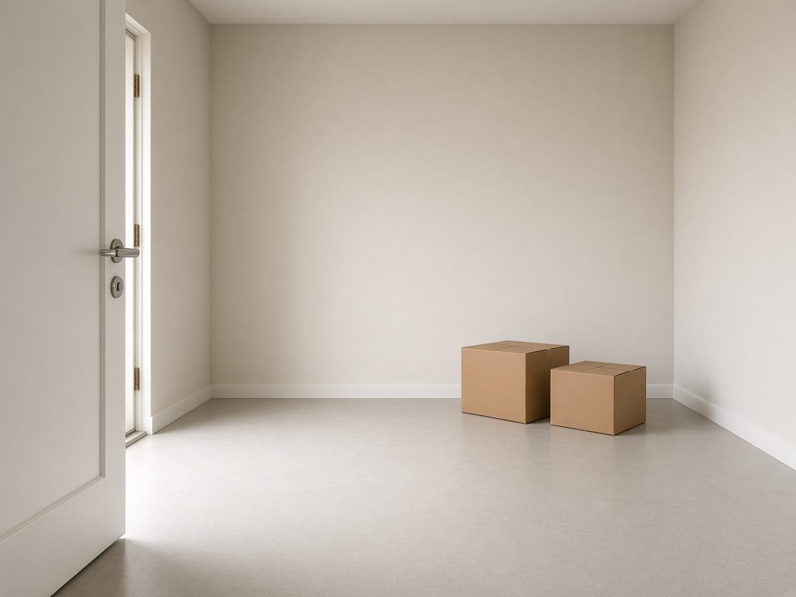An almost empty storage unit with two plain boxes and a clear floor.
