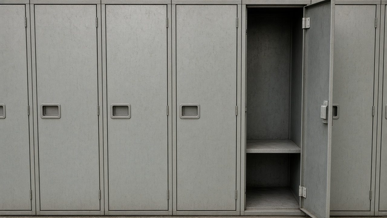 A row of plain storage doors with a single open empty unit and no numbers.