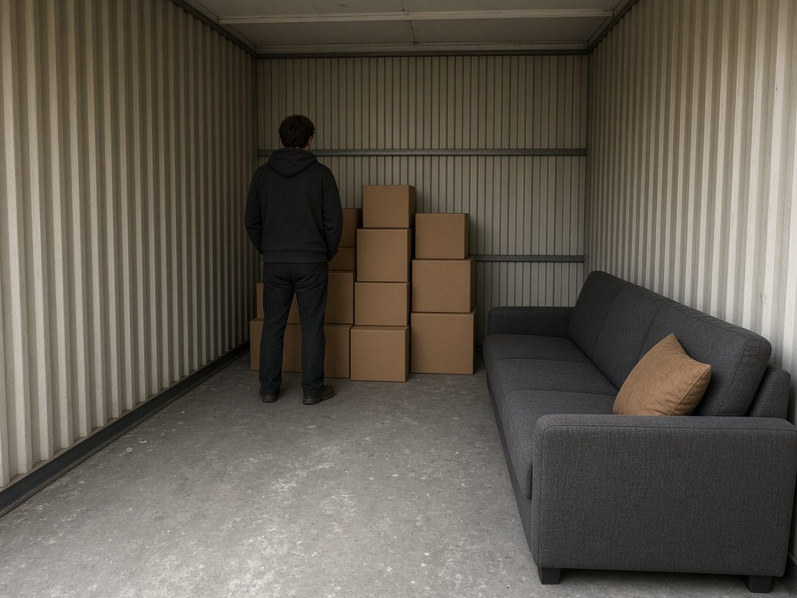 A person standing inside a storage unit beside a sofa and unlabeled boxes.