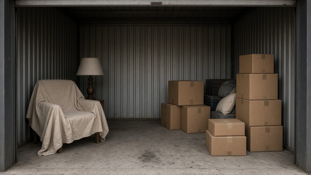 A storage unit with a covered chair, a lamp, and plain boxes, arranged as a longer stay.