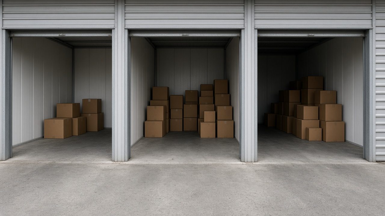 Three open storage units of different depths with plain boxes and no numbers on the doors.