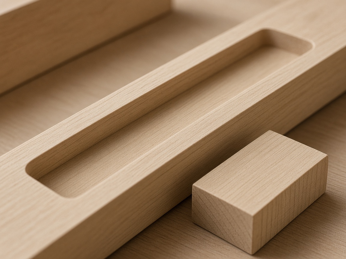 A small wooden block sits against a rail groove it does not fit.