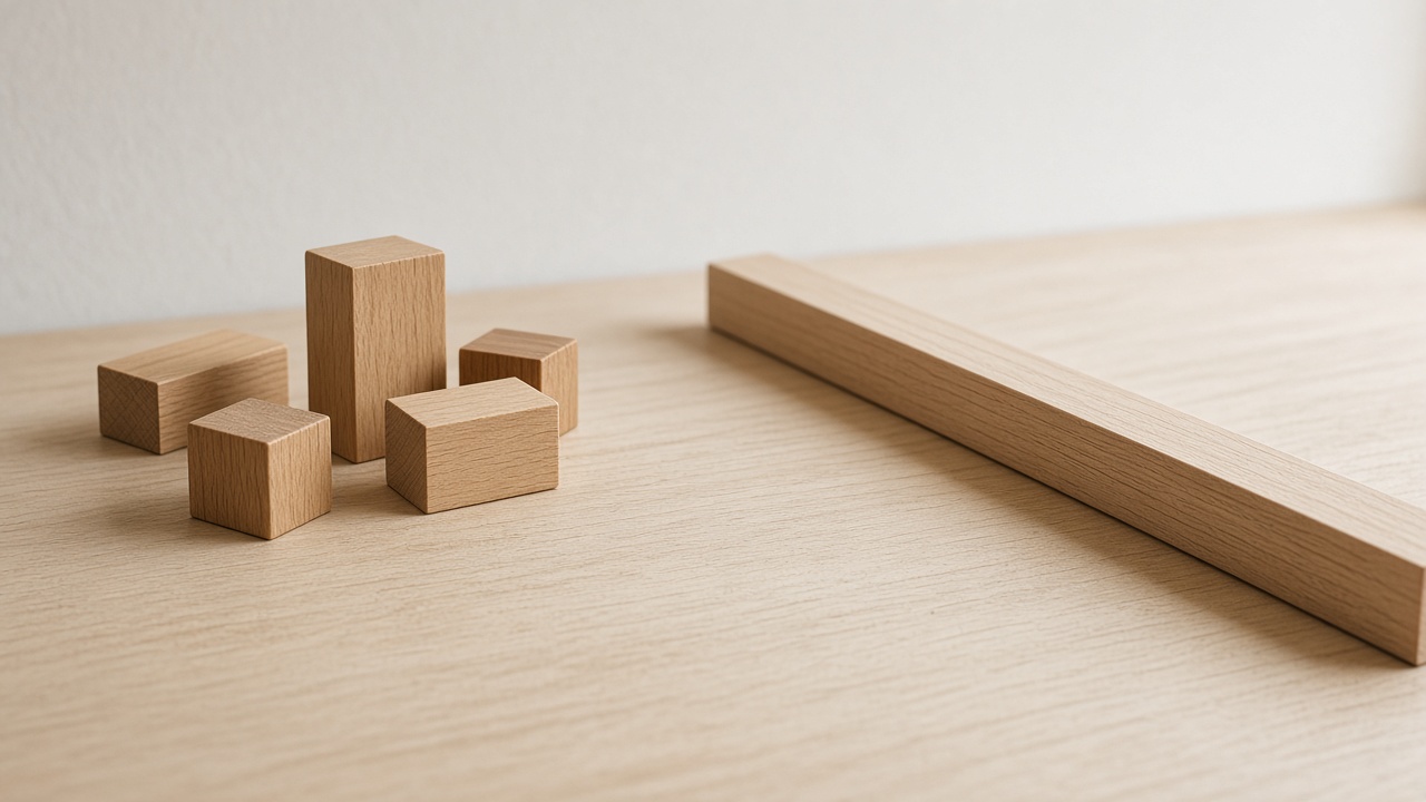 Loose wooden blocks sit beside one continuous wooden rail.