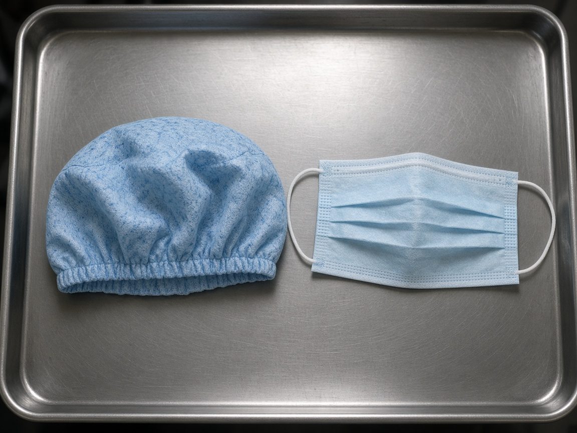 A plain surgical cap and mask on a stainless tray under an overhead light.