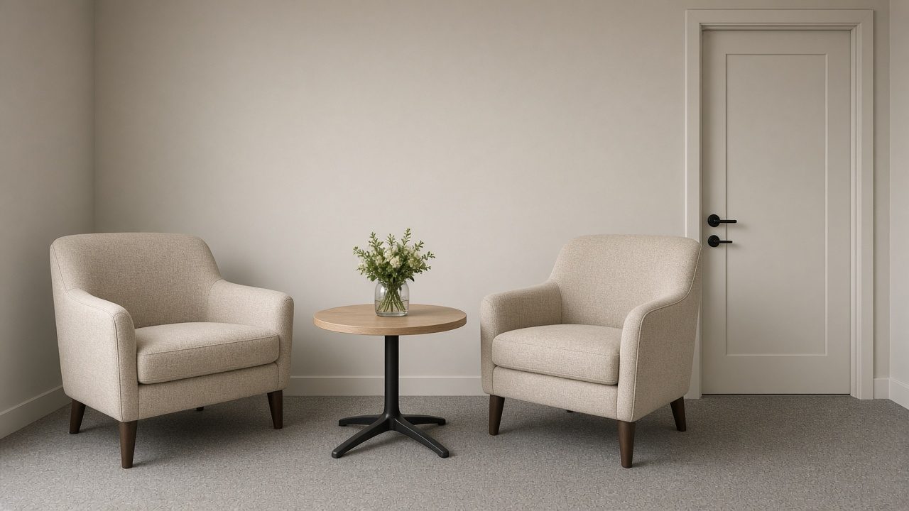 Two upholstered chairs and a small round table in a private consult room with a closed door.
