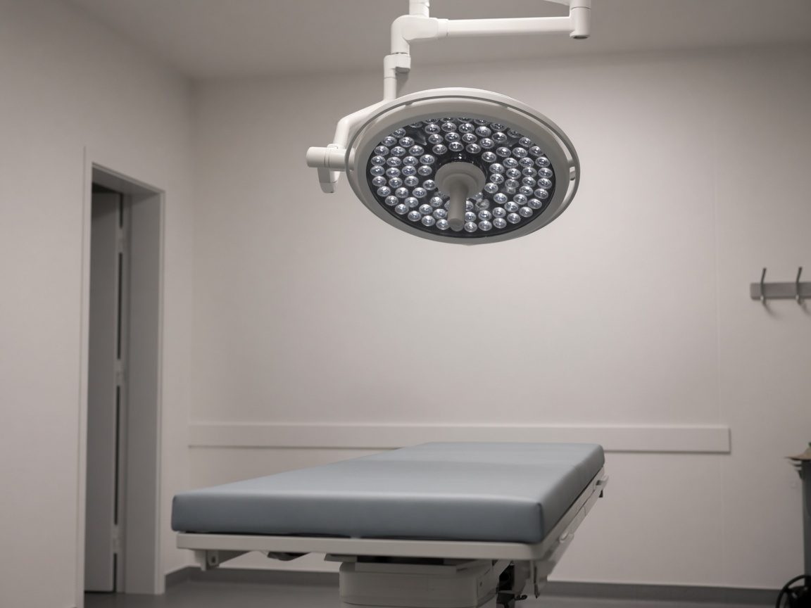 An operating light over an empty padded table in a still procedure room.