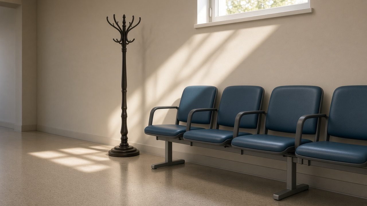 Empty waiting chairs along a clinic wall in morning light.