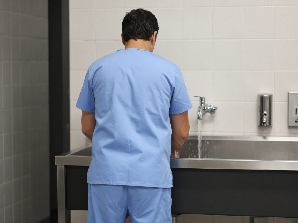 A surgeon seen from behind washing at a scrub sink in plain scrubs.