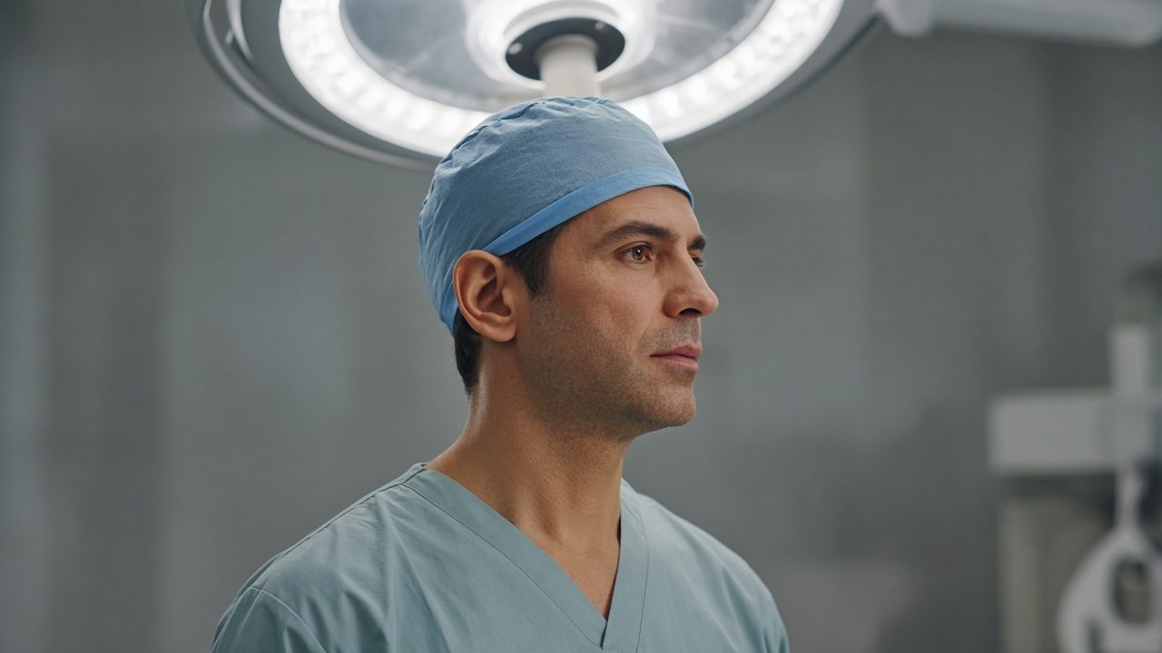 A surgeon in plain scrubs and a cap standing under an operating light, face turned slightly away.