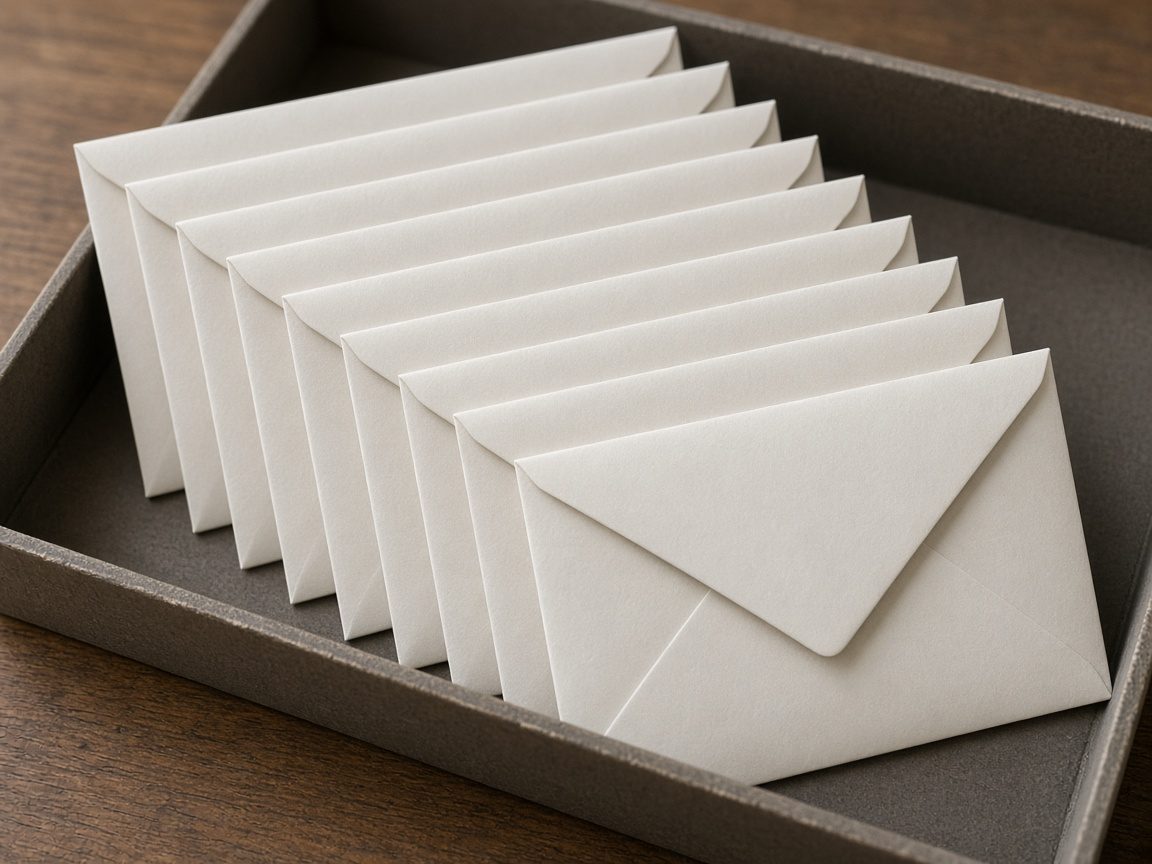 Closed blank envelopes in a tray, with no addresses and no postage.
