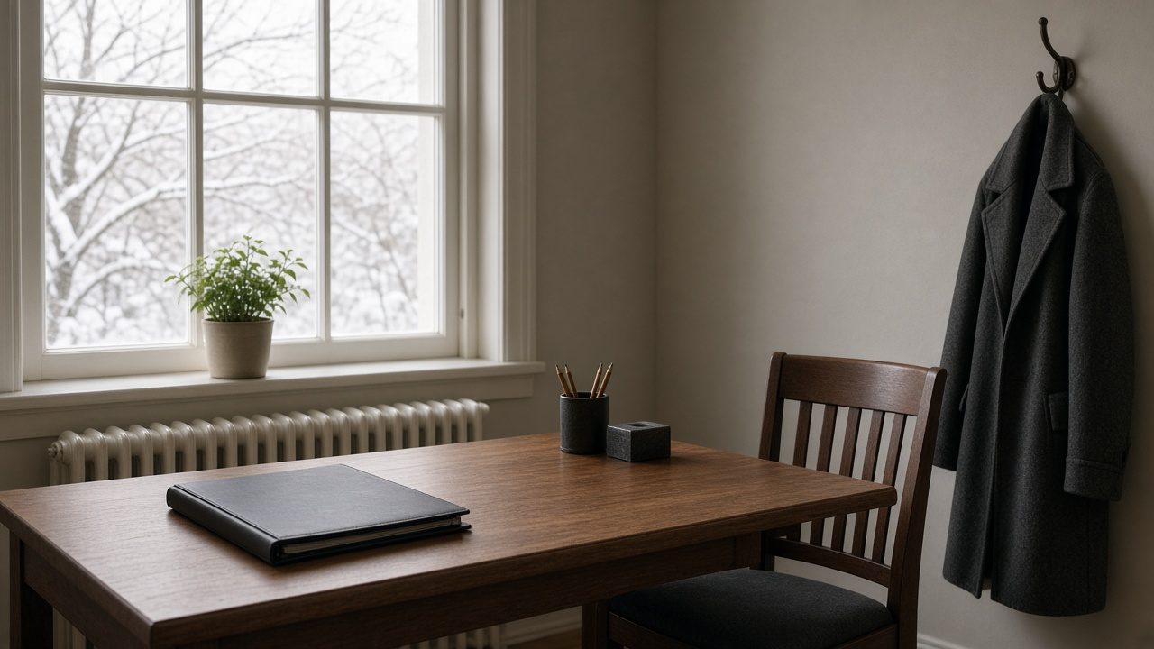 A tidy desk in winter light with one closed folder, an empty chair, and a coat on a hook.