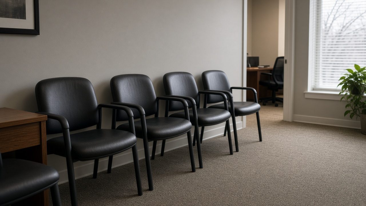 A row of empty client chairs in a tax office with no calendar on the wall.