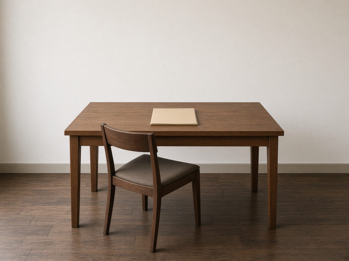 One chair and one closed folder at an otherwise clear desk.