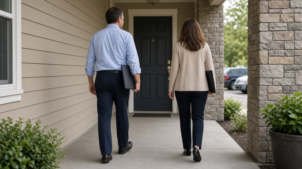 Two people walking toward a door with closed unlabeled folders.