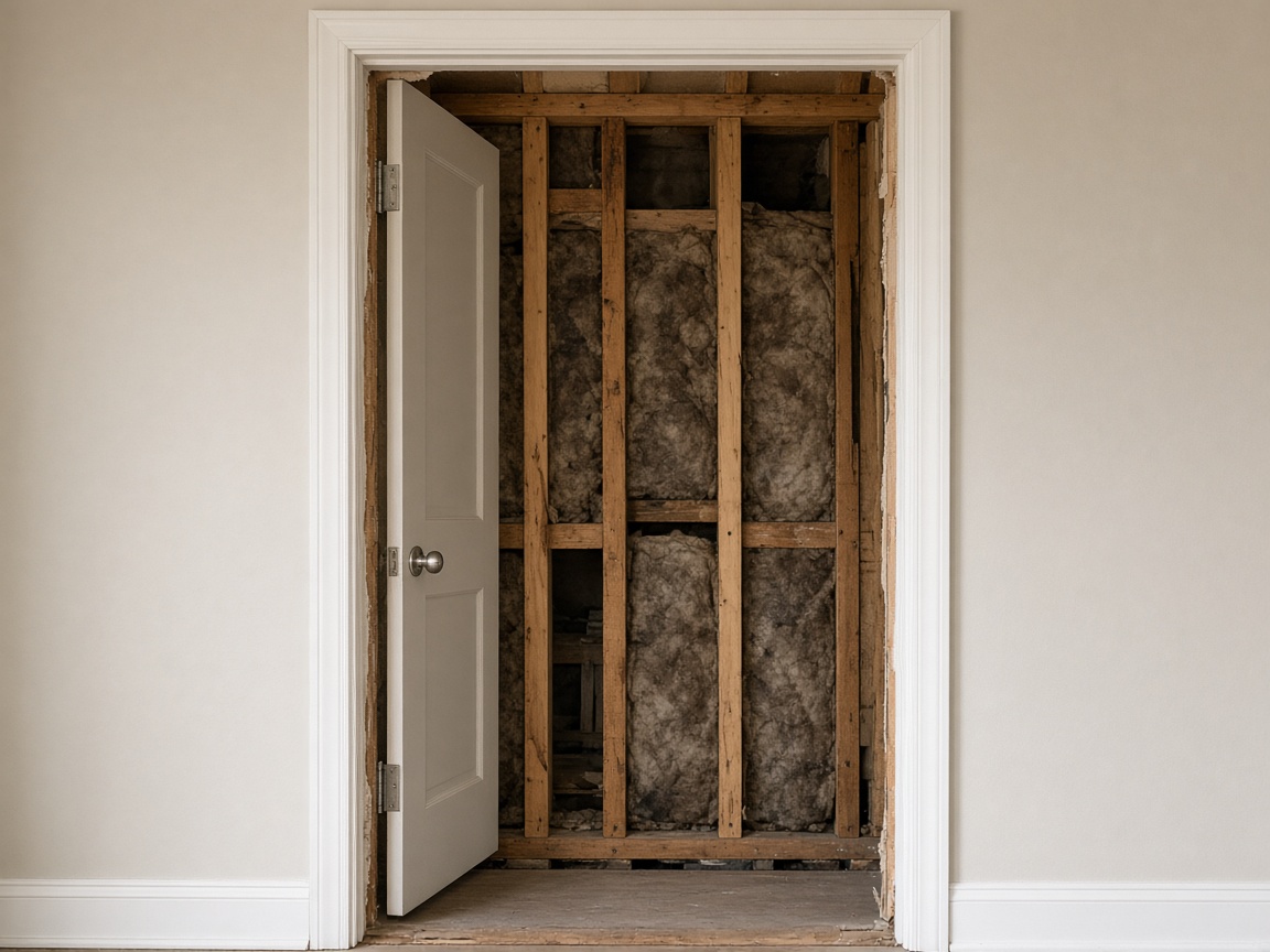 An open doorway showing the wooden studs behind a wall.