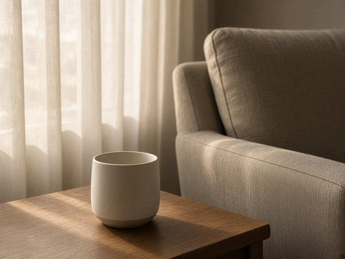 Close view of an unmarked ceramic cup on a wood side table next to a beige armchair and sheer curtains.