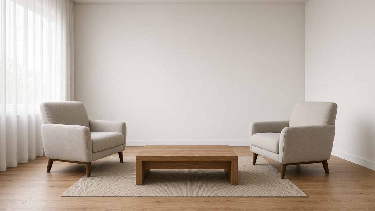 Two beige armchairs and an empty wood coffee table sit on a rug in a counseling room with sheer curtains.