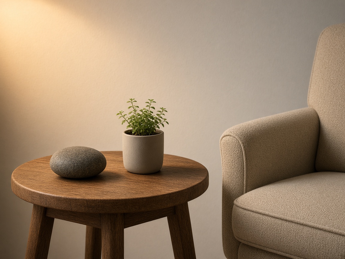 Close view of a smooth stone and a tiny plant in a plain pot on a wood side table next to a beige chair.