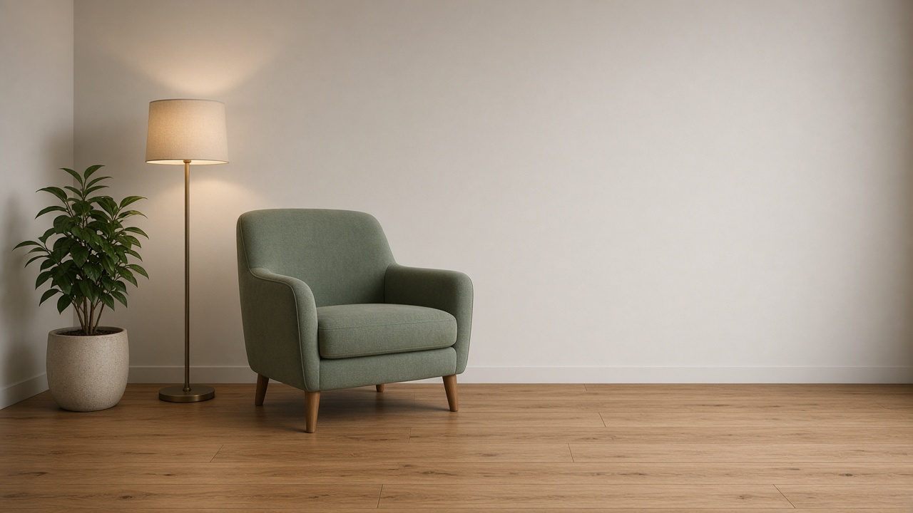 An empty sage-green armchair, a floor lamp, and a potted plant occupy a quiet therapy room with blank walls.