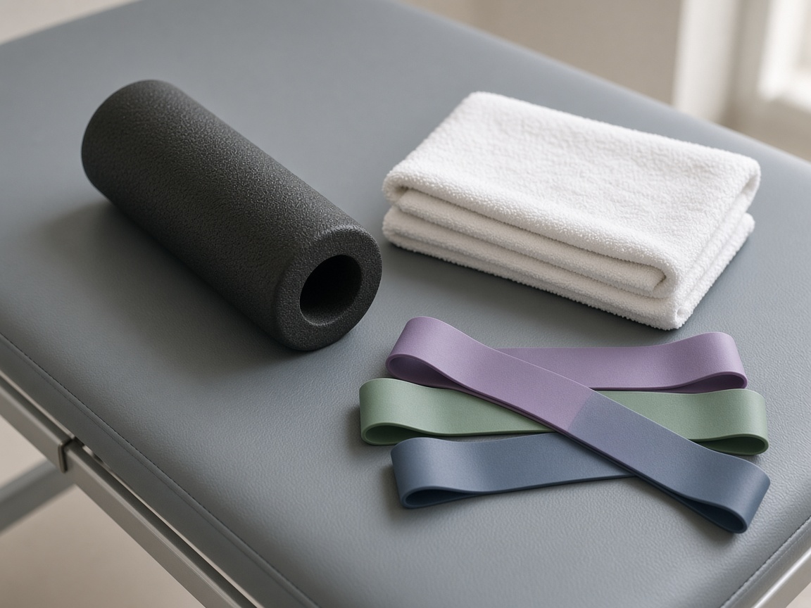 A black foam roller, a white towel, and purple, green, and blue resistance bands lie on a gray therapy table.