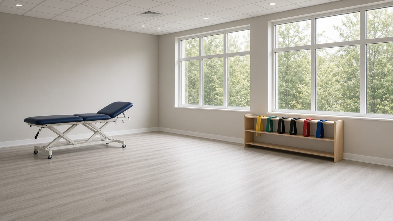 An empty physical therapy room with a navy treatment table and colorful resistance bands on a wood rack by large windows.