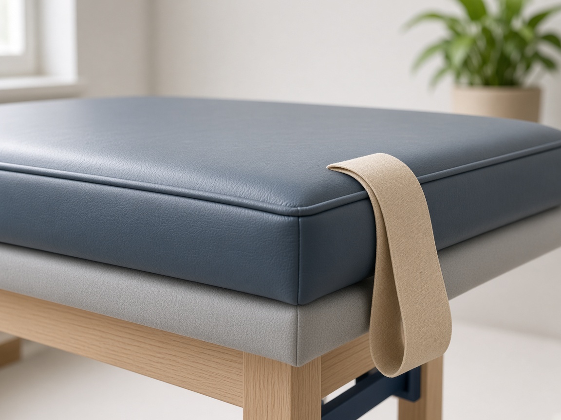 Close view of a beige resistance band looped over the padded corner of a blue and gray therapy table.