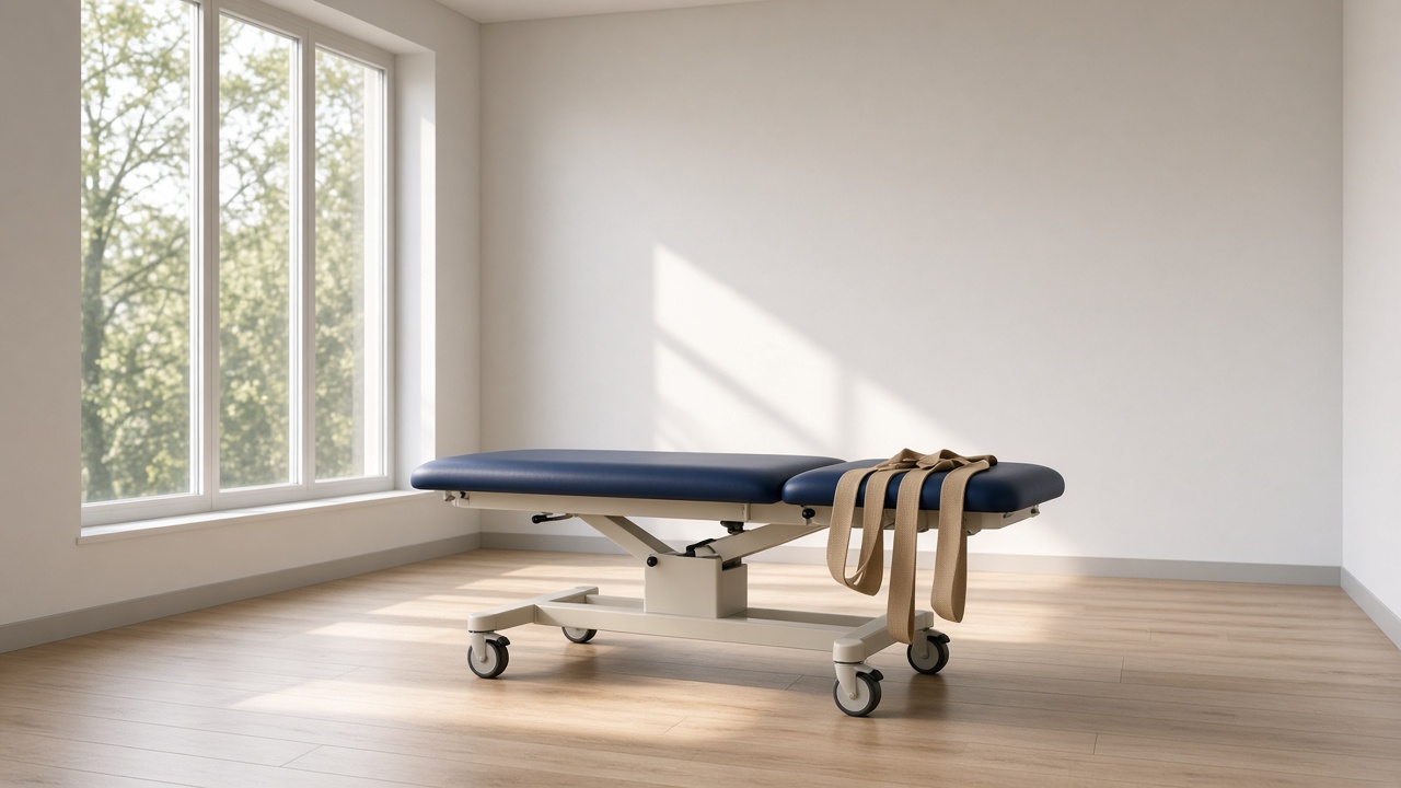 An empty physical therapy table with a beige resistance band draped over one end stands near tall windows.