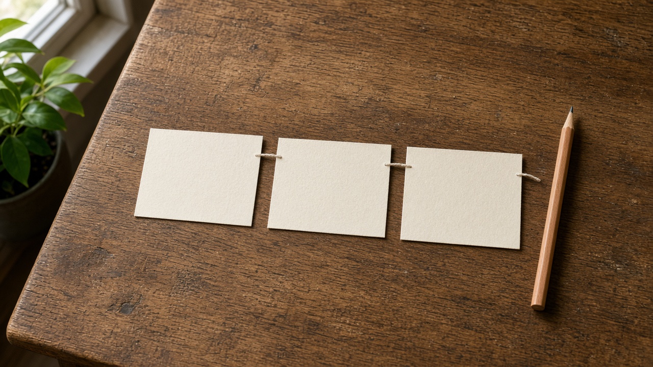 Three blank index cards in a row on a wooden desk, joined by a cotton string.