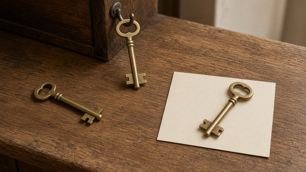 Three matching brass keys, one of them resting on a blank card.