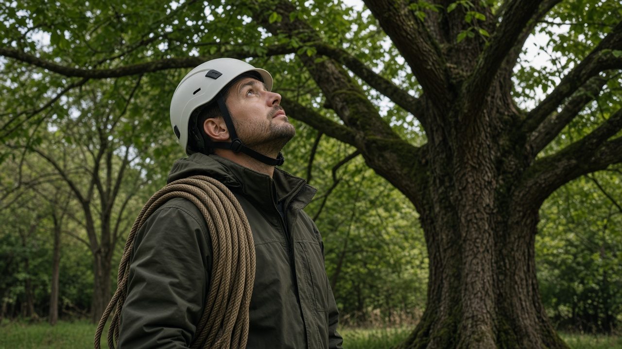 An arborist in a plain helmet looking up into a tree, a rope coiled on one shoulder.