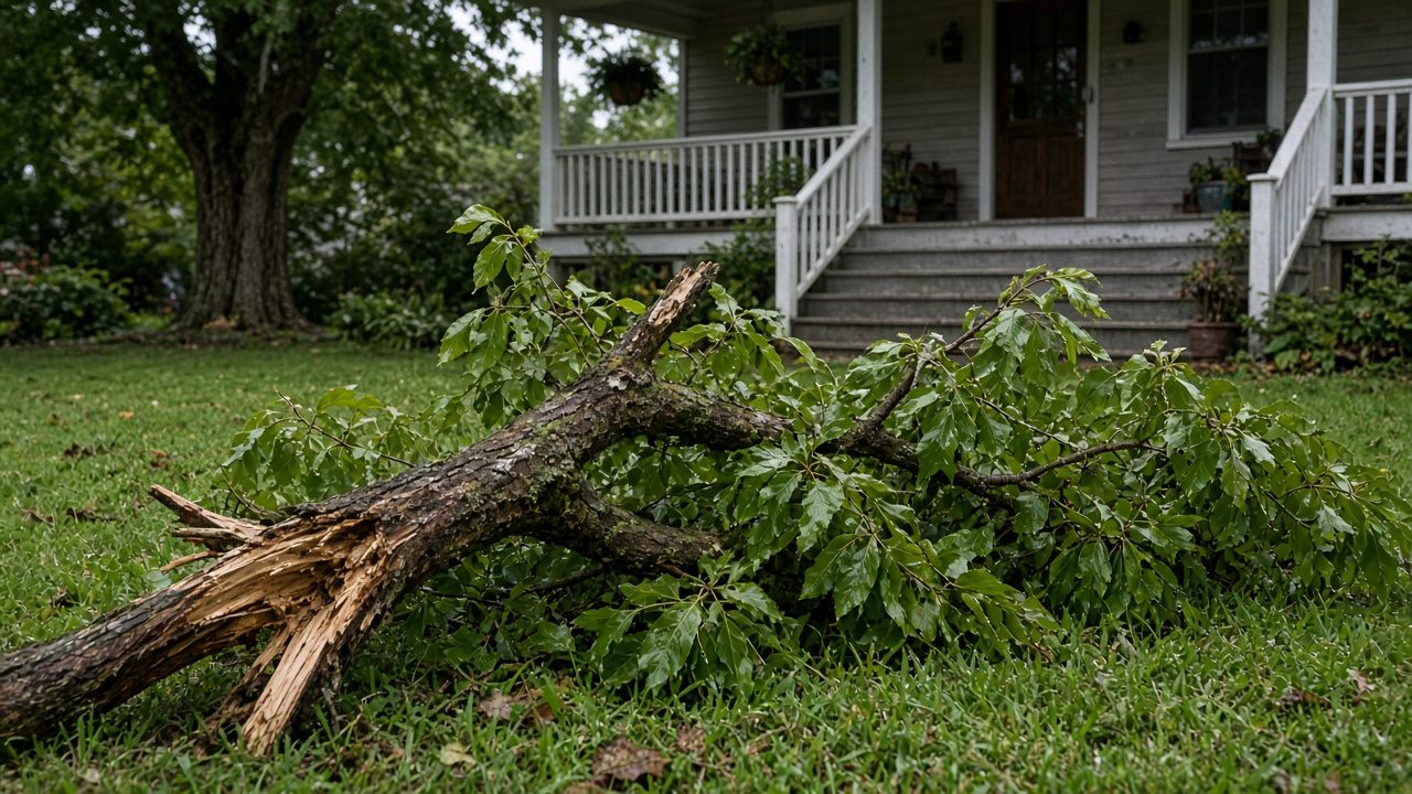 A storm-broken tree limb lying on a lawn, house numbers out of frame.