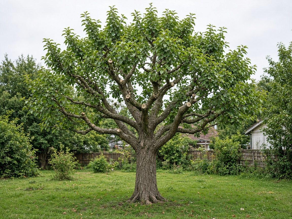 A mature tree with a neatly pruned canopy in calm weather.