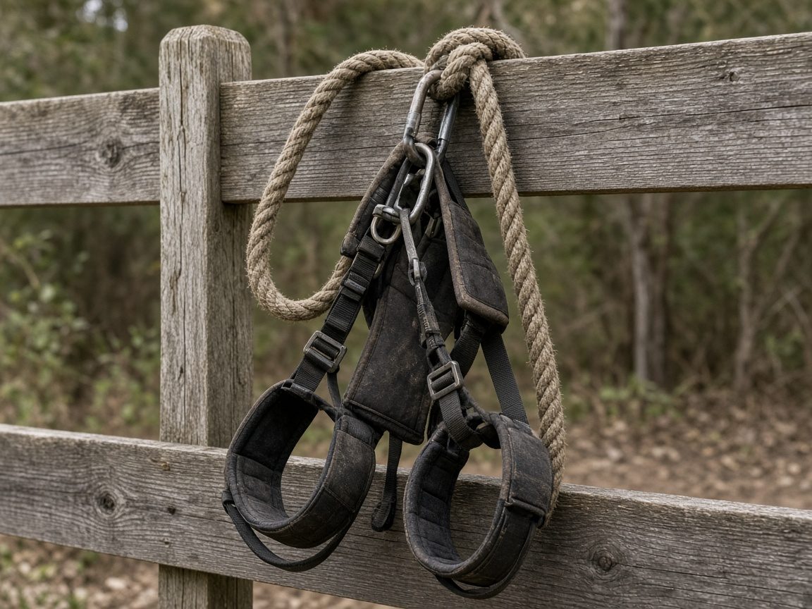 A climbing rope and saddle hanging on a plain fence rail.