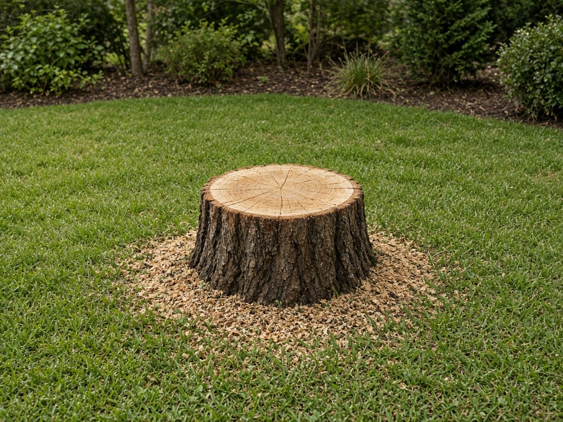 A low stump and sawdust in an otherwise intact lawn.