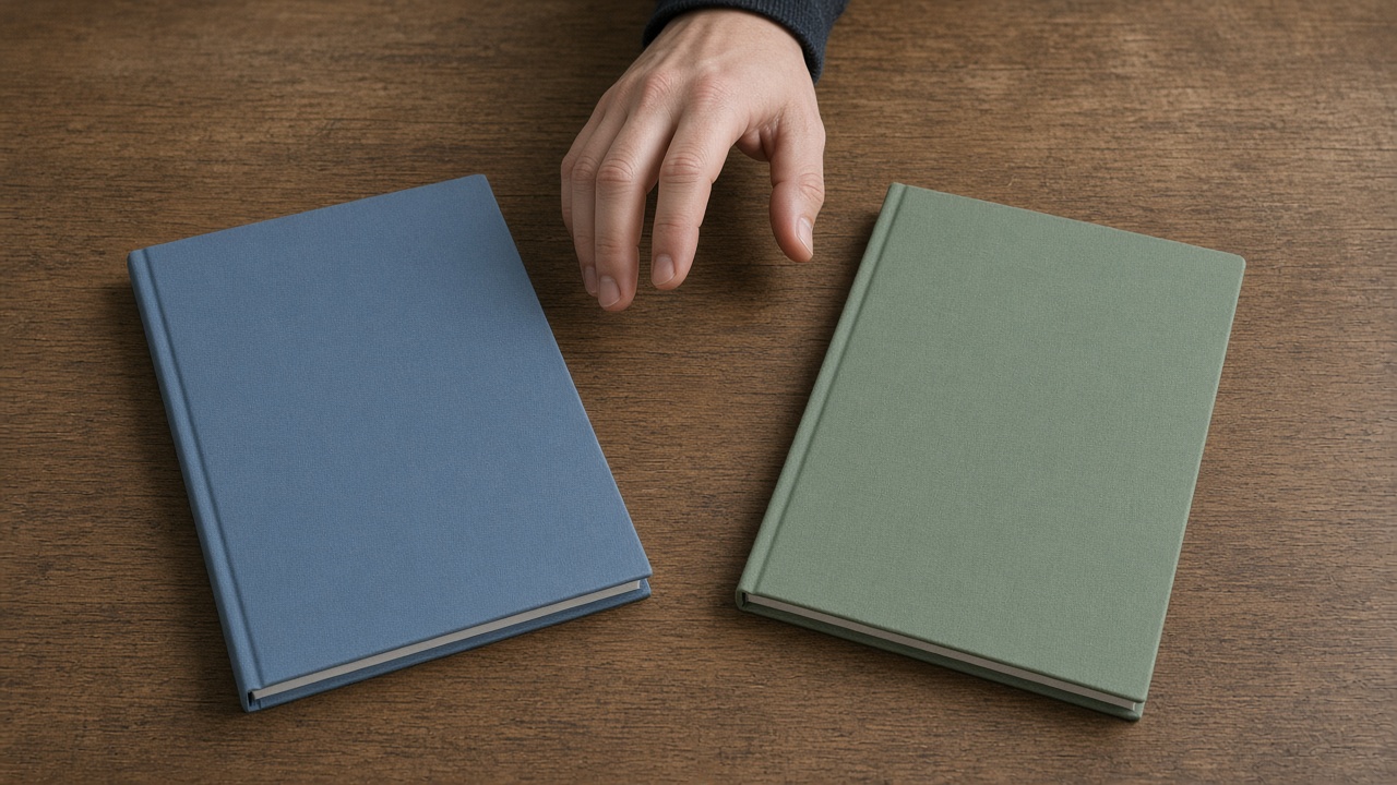 A hand hovering between two blank cloth-bound booklets.