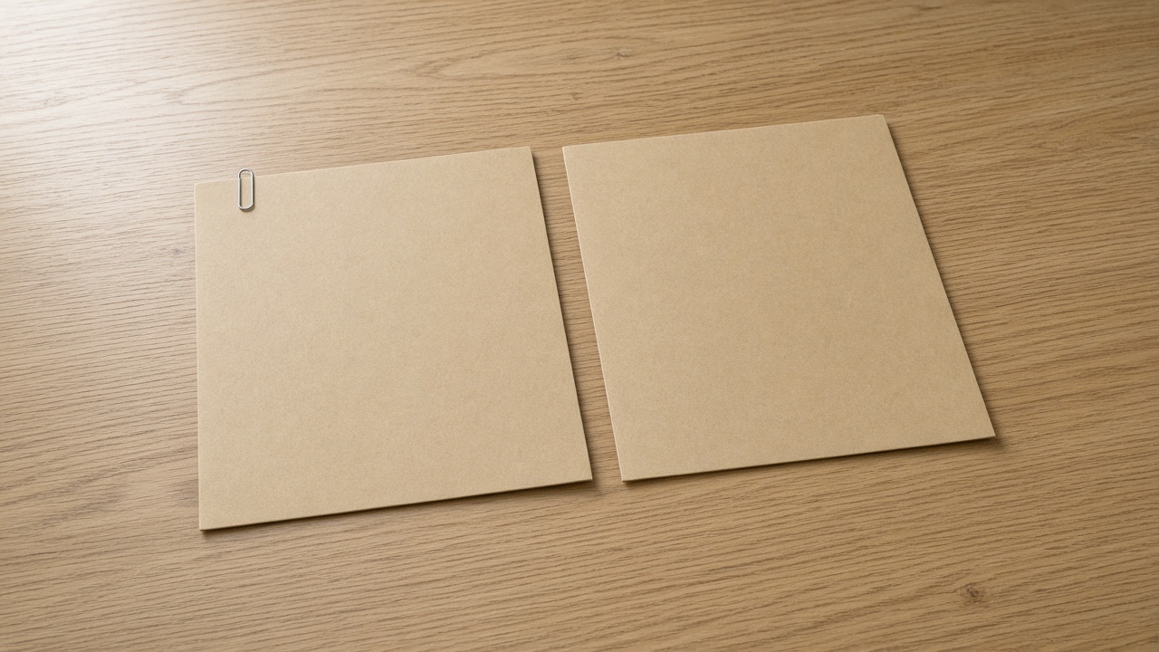 Two closed blank folders side by side on an oak table.