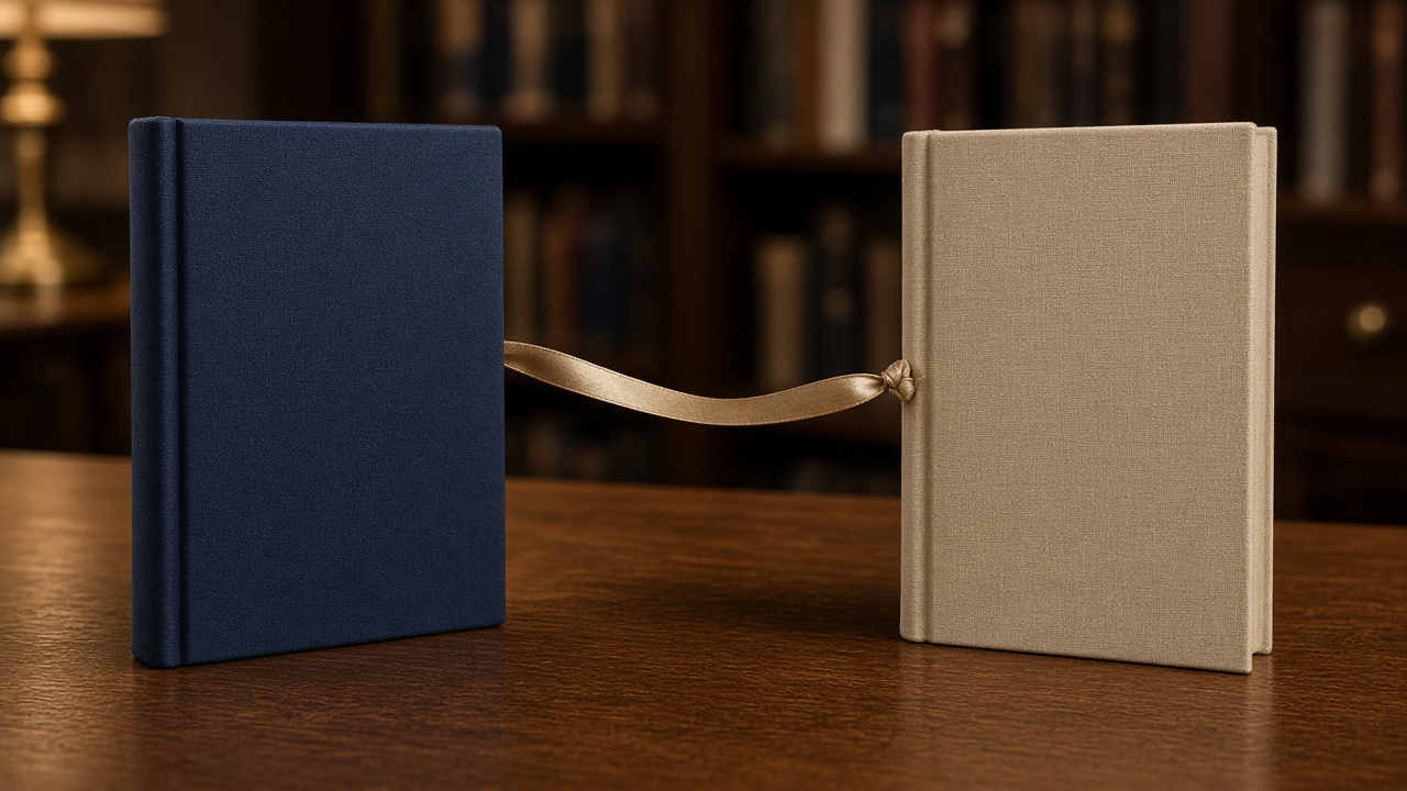 Two blank cloth books joined by a silk ribbon.